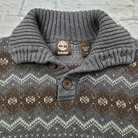 Gray Timberland Convertible Button Mock Turtleneck Fair Isle Sweater size Large - Picture 7 of 16